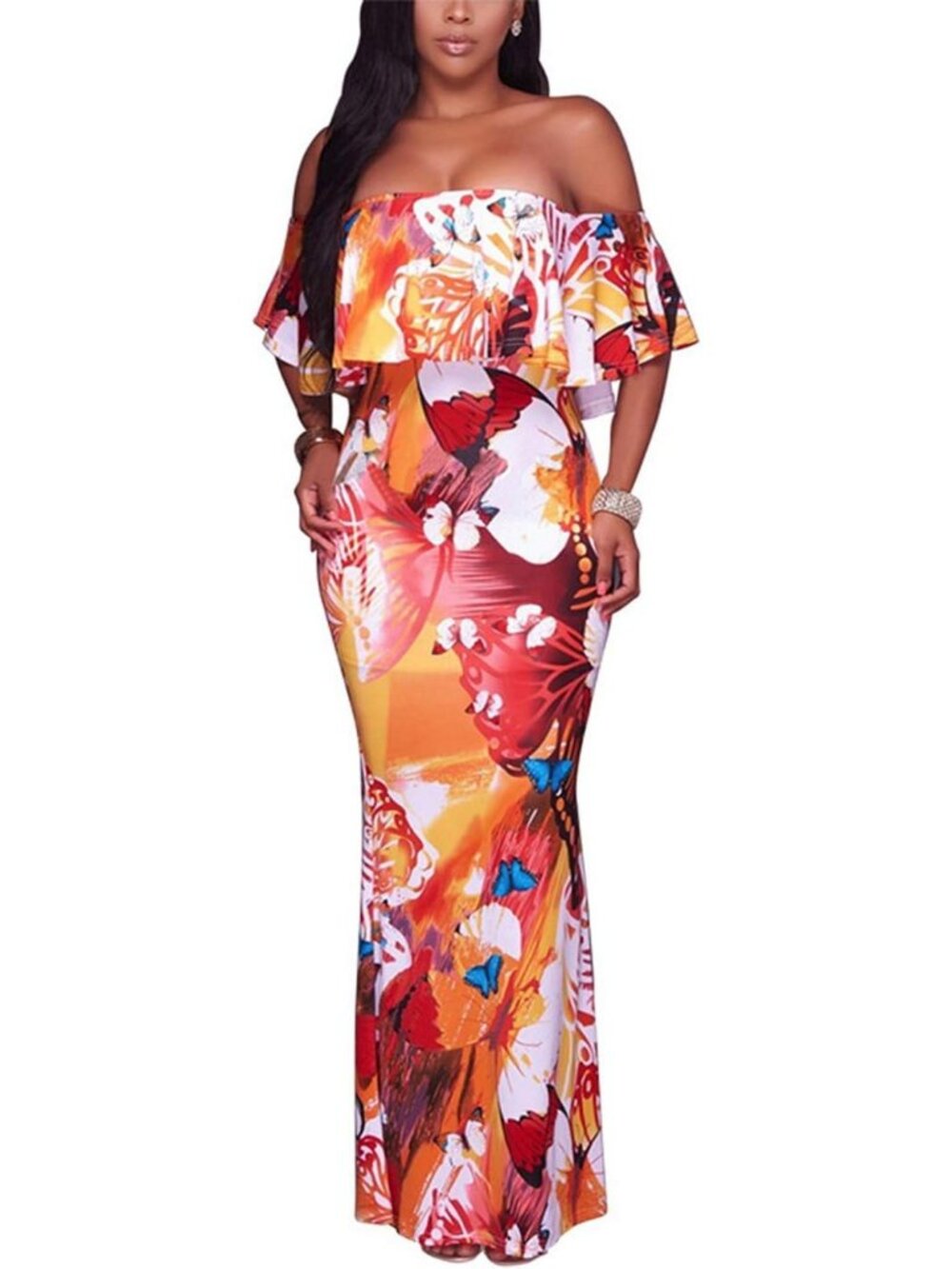 Women's Orange Ruffle Plain Floral Printed Off Shoulder Bodycon Long Maxi Dress